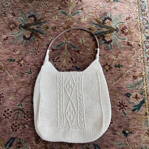 La Rue Knit Crochet Beige 70s Purse Leather Handle Coastal Granny Boho Summer